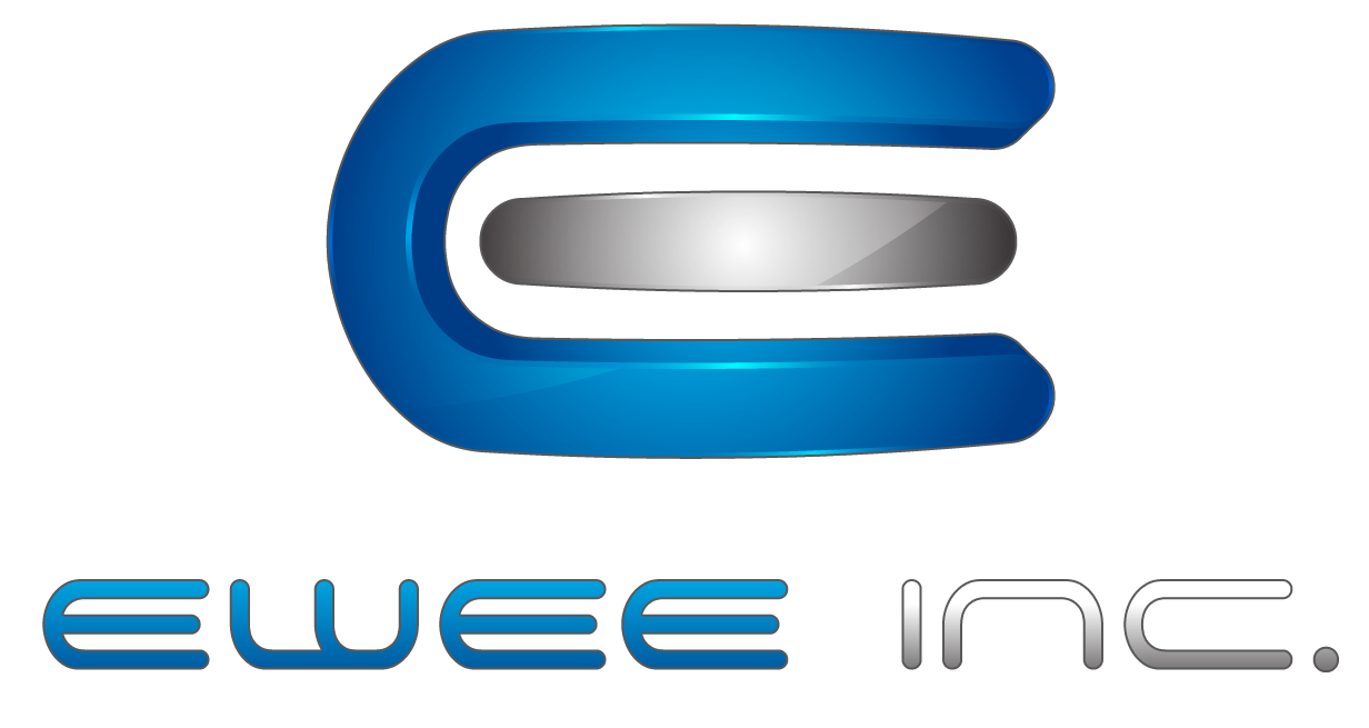 EWee Inc. Logo in a Square Aspect Ratio arrangement, The stylized E is positioned above EWEE Inc. rather than to the left of