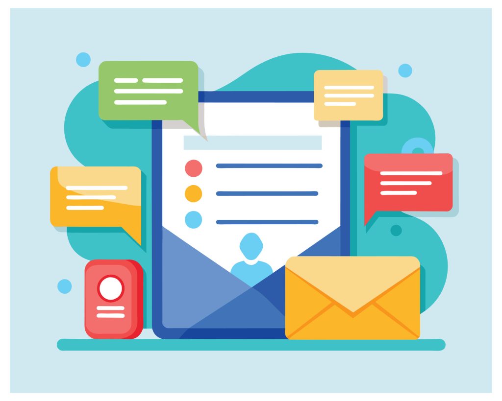 Graphic with different message icons and email icons